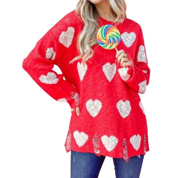 AND THE WHY Sweaters - NWT And-The-Why Relaxed Fit Distressed Red Valentines Day Heart Sweater Size M/L